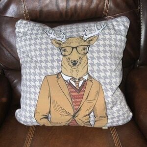 Stratford Deer Man Stag In A Suit Gray Houndstooth & Tan Decor Pillow 17”X17”